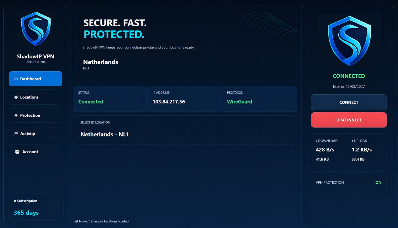 ShadowIP VPN Windows app home screen
